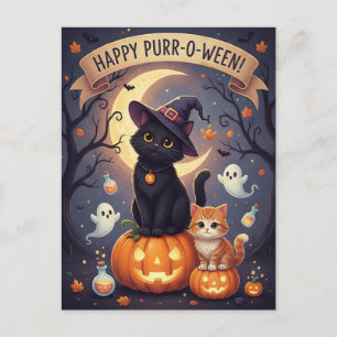 Cute Black Cat och Kitten på Pumpkins Halloween Helg Vykort