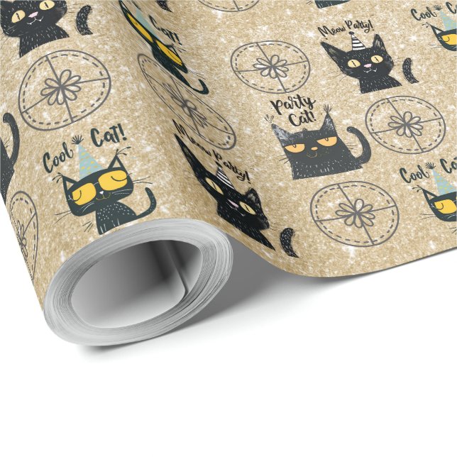 Cute Black Cat och Present-Guld Glitter-Meow Party Presentpapper (Rullad Hörn)