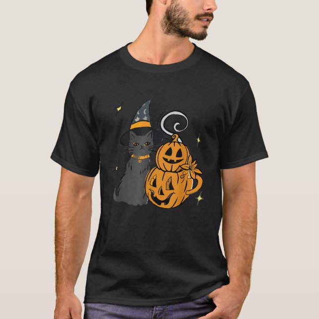 Cute Black Cat och Pumpkin Ansikte Halloween Trend T Shirt (Framsida)