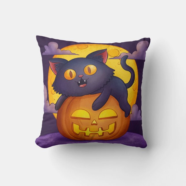 Cute Black Cat och Pumpkin Halloween Kudde (Framsida)