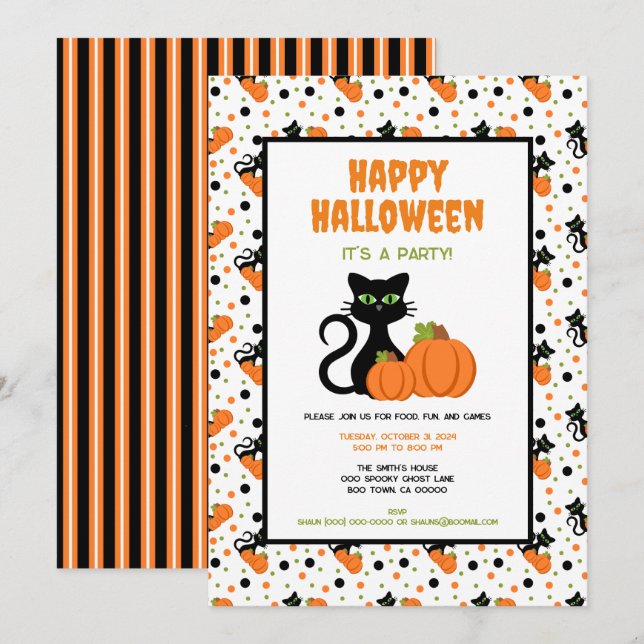Cute Black Cat och Pumpkins Happy halloween Inbjudningar (Fram/baksida)