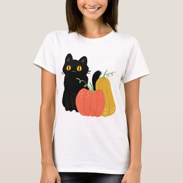 Cute Black cat och Pumpkins T Shirt (Framsida)
