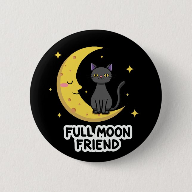 Cute Black Cat on Moon - Full Moon Friend Knapp (Framsida)