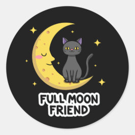 Cute Black Cat on Moon - Full Moon Friend Runt Klistermärke