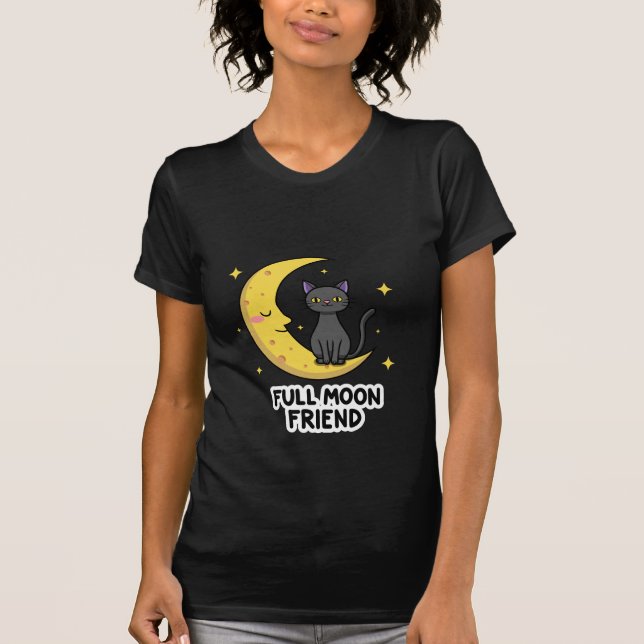 Cute Black Cat on Moon - Full Moon Friend T Shirt (Framsida)