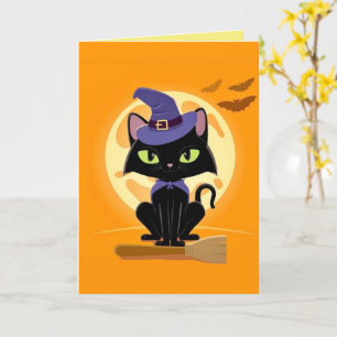 Cute Black Cat på broomHalloween-kort Kort