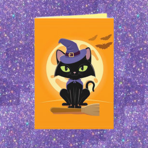 Cute Black Cat på broomHalloween-kort Kort