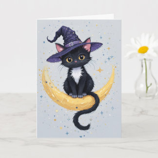 Cute Black Cat på Crescent Måne Halloween Hälsning Kort
