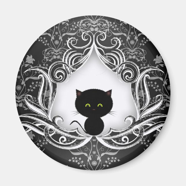 Cute Black Cat på Damask Magnet (Framsidan)