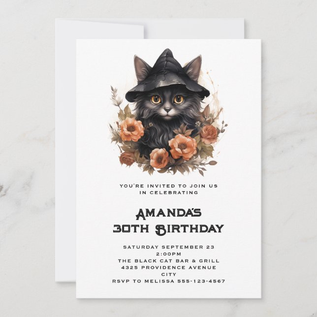 Cute Black Cat på en Witch Hat Birthday Inbjudningar (Framsida)