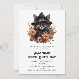 Cute Black Cat på en Witch Hat Birthday Inbjudningar