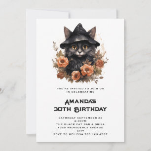 Cute Black Cat på en Witch Hat Birthday Inbjudningar