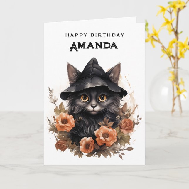 Cute Black Cat på en Witch Hat Birthday Kort (Gul blomma)