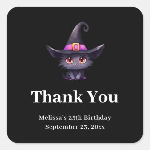 Cute Black Cat på ett Witch Hat Tack Party Fyrkantigt Klistermärke