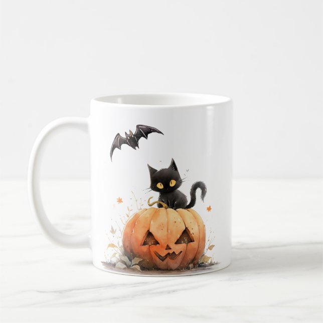 Cute Black Cat på Pumpkin Halloween Kaffemugg (Vänster)