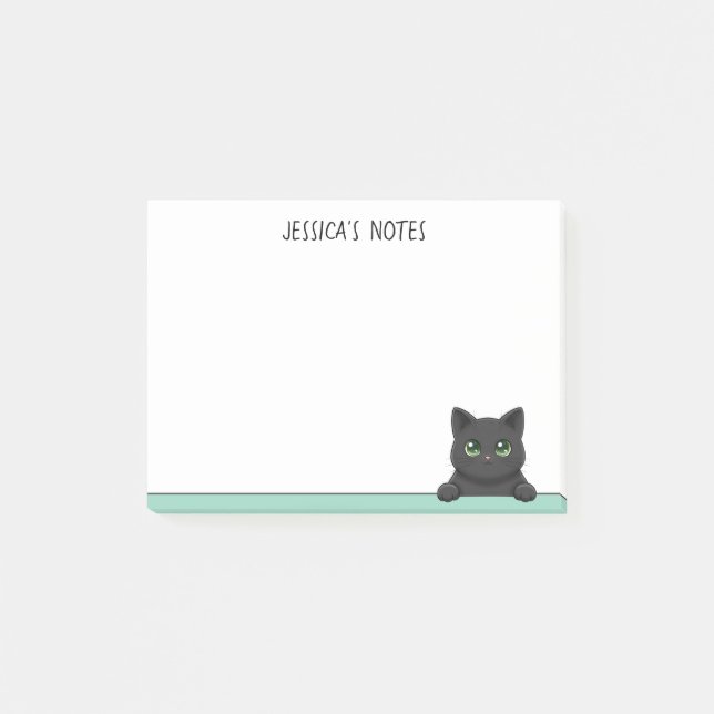 Cute Black Cat Peeking Mint Personalized Post-it Block (Framsida)