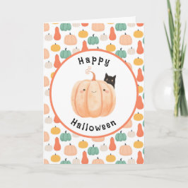 Cute Black Cat Peeking over a Pumpkin Halloween Kort