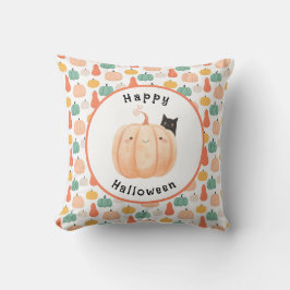 Cute Black Cat Peeking over a Pumpkin Halloween Kudde