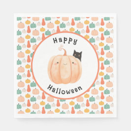 Cute Black Cat Peeking over a Pumpkin Halloween Pappersservett