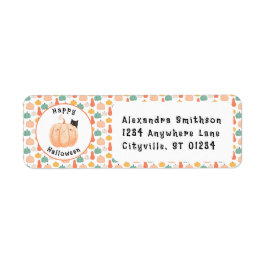 Cute Black Cat Peeking over a Pumpkin Halloween Returadress Etikett