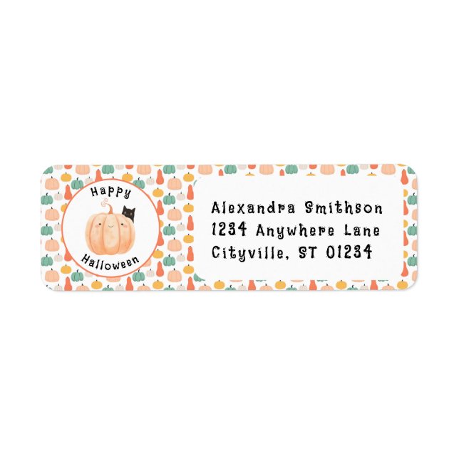 Cute Black Cat Peeking over a Pumpkin Halloween Returadress Etikett (Framsidan)