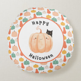 Cute Black Cat Peeking over a Pumpkin Halloween Rund Kudde