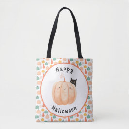 Cute Black Cat Peeking over a Pumpkin Halloween Tygkasse