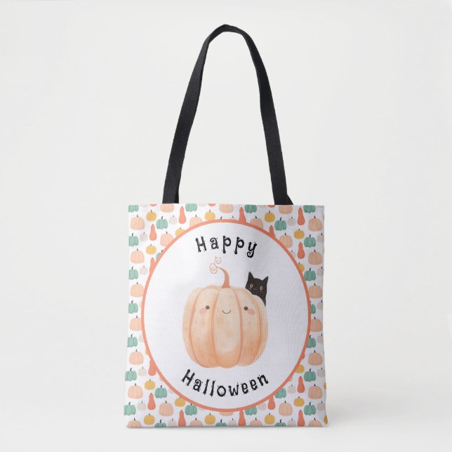 Cute Black Cat Peeking over a Pumpkin Halloween Tygkasse (Framsida)