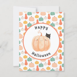 Cute Black Cat Peeking over a Pumpkin Halloween Vykort