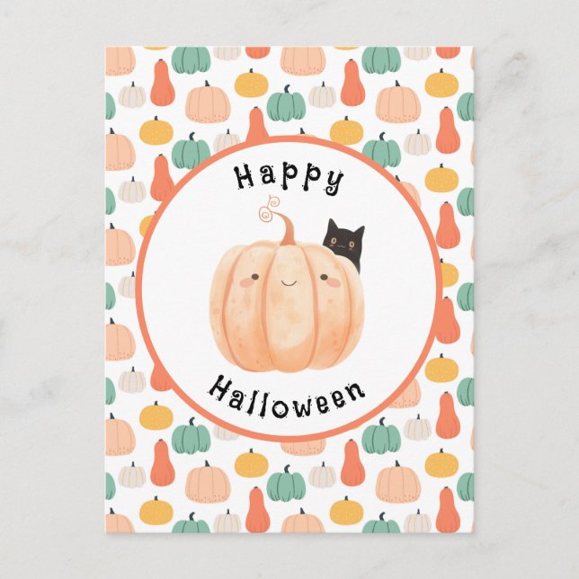 Cute Black Cat Peeking over a Pumpkin Halloween Vykort (Framsida)