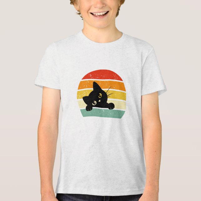 Cute Black Cat Peeking Retro Sunset T Shirt (Framsida)