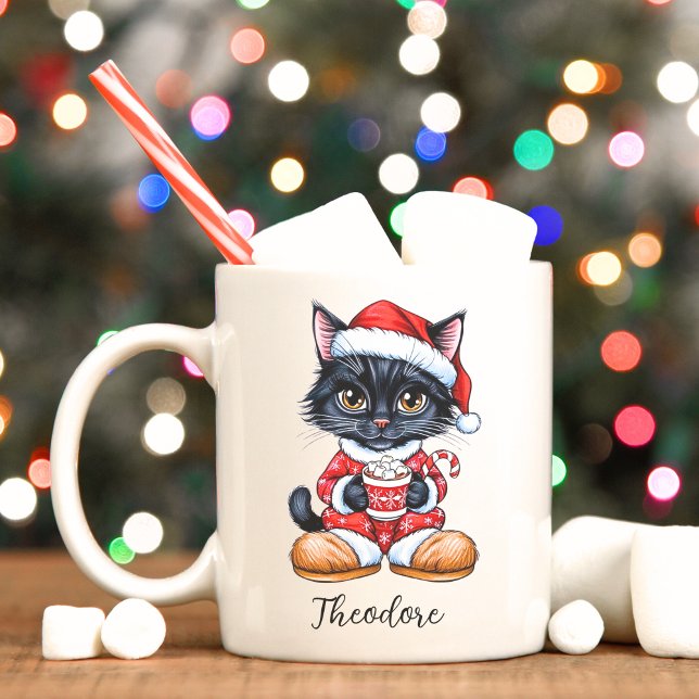 Cute Black Cat personlig jul Mugg (Black cat personalized Christmas mug.)