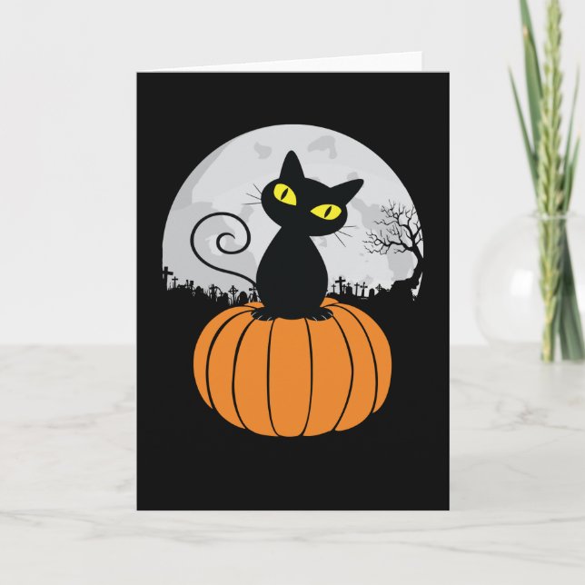 Cute Black Cat Pumpkin Full Moon Funny Halloween Kort (Framsida)