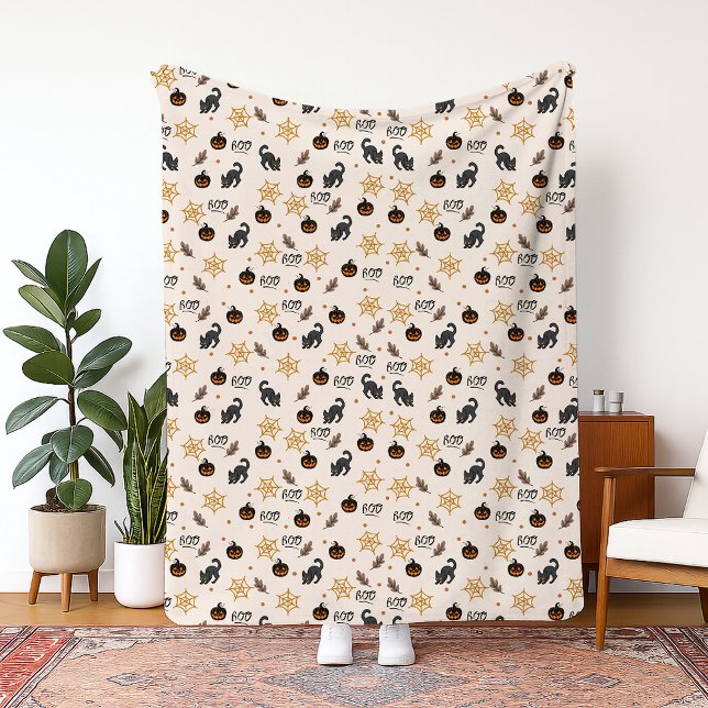 Cute Black Cat Pumpkin Halloween Mönster Fleecefilt (Skapare uppladdad)
