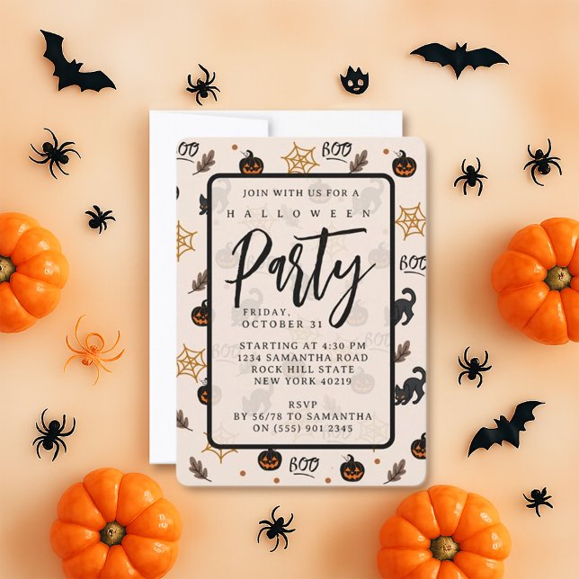 Cute Black Cat Pumpkin Halloween Mönster Inbjudningar (Skapare uppladdad)