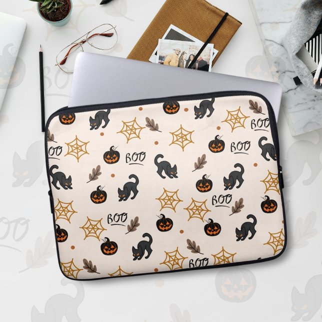 Cute Black Cat Pumpkin Halloween Mönster Laptop Fodral (Skapare uppladdad)