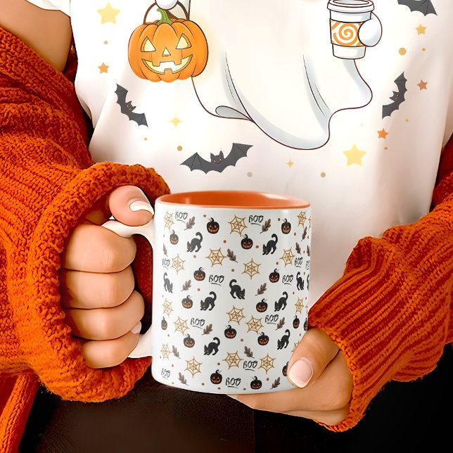 Cute Black Cat Pumpkin Halloween Mönster Två-Tonad Mugg (Skapare uppladdad)