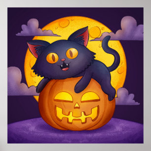 Cute Black Cat, Pumpkin och Måne Poster