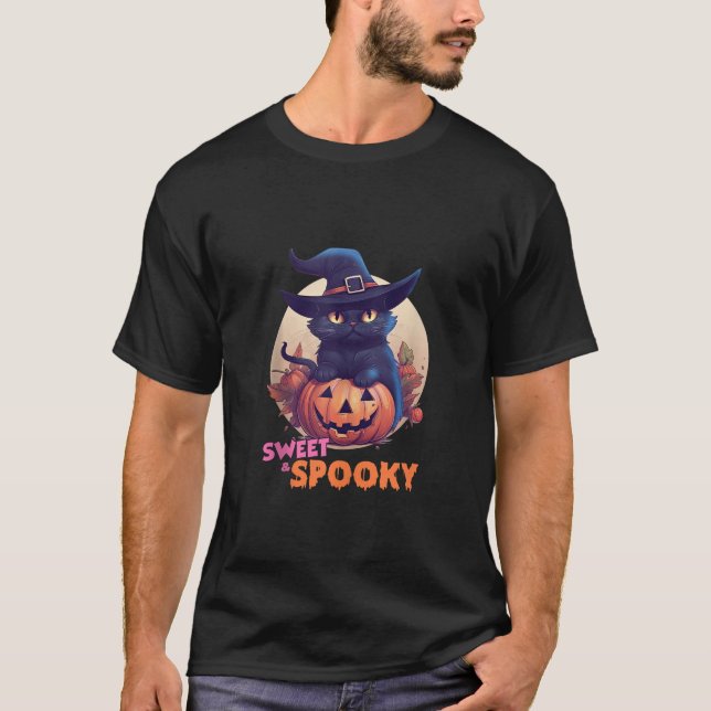 Cute Black Cat Pumpkin Sweet Spooky Full Moon Hall T Shirt (Framsida)