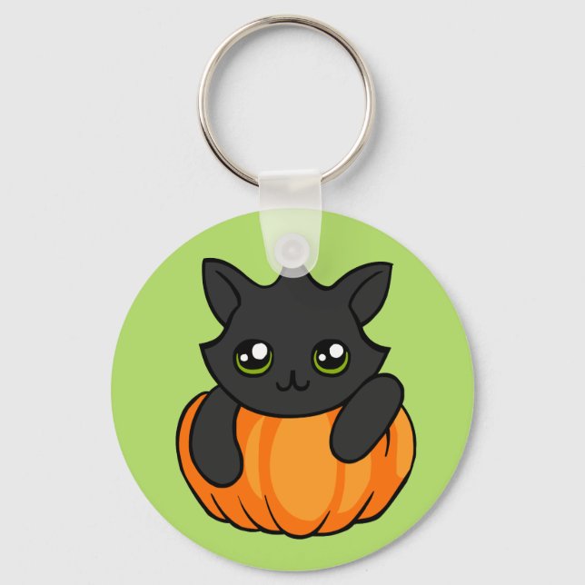 Cute Black Cat Pumpkin Teckning Halloween Keychain Nyckelring (Framsida)