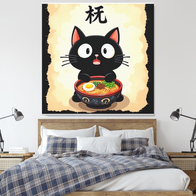  Cute Black Cat Ramen – Kawaii Japanese Noodle Art Canvastryck (Insitu (sovrum))