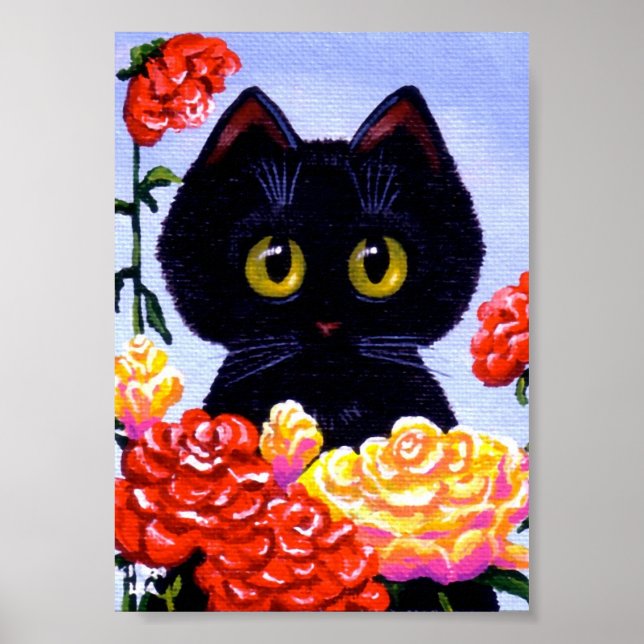 Cute Black Cat Ro Flowers Big Ögon Creationart Poster (Framsidan)