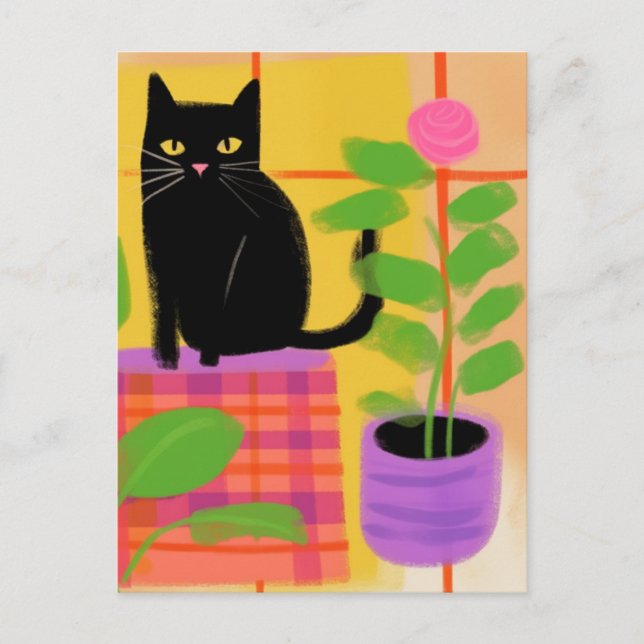 Cute Black Cat Rosa Flower Vykort (Framsida)