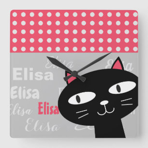 Cute Black Cat Rosa Polka dots Lägg till ditt namn Fyrkantig Klocka