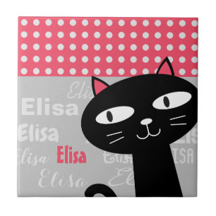 Cute Black Cat Rosa Polka dots Lägg till ditt namn Kakelplatta