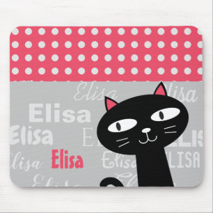 Cute Black Cat Rosa Polka dots Lägg till ditt namn Musmatta