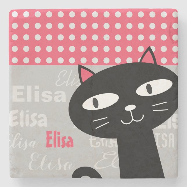 Cute Black Cat Rosa Polka dots Lägg till ditt namn Stenunderlägg (Framsidan)