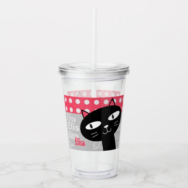 Cute Black Cat Rosa Polka dots Lägg till ditt namn Take Away Mugg (Framsida)