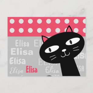 Cute Black Cat Rosa Polka dots Lägg till ditt namn Vykort