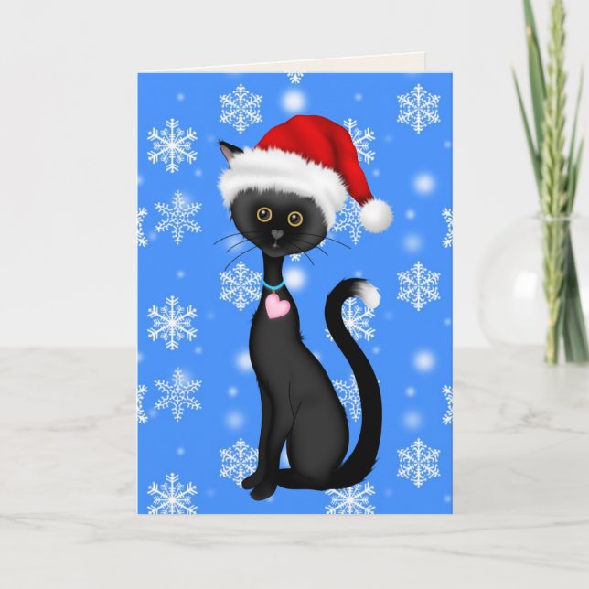 Cute Black Cat, Santa Hat och Snöflingor jul Helgkort (Framsida)